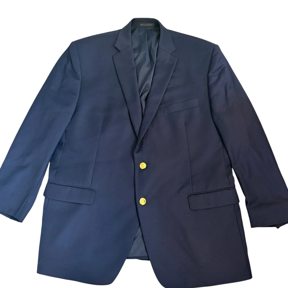 Lauren Ralph Lauren Mens 46R Navy Blue 100% Wool Blazer Gold Crest Buttons